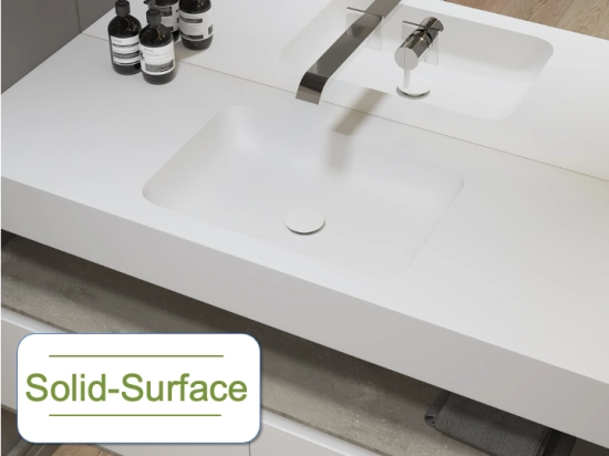 Plan vasque avec lavabo intégré au angle arrondi, L. 60 à 200 cm x l. 40 à 60 cm, résine minérale ACRYSTONE® SOLID-SURFACE Finition lisse blanc mate, Livraison Offerte et Rapide.